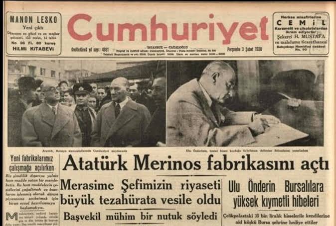 2 yılda yapımı tamamlanan Bursa Merinos fabrikasının açılışı 2 Şubat 1938 tarihinde gerçekleşti.Açılışı,Devrin Cumhurbaşkanı Mustafa Kemal Atatürk yaptı.