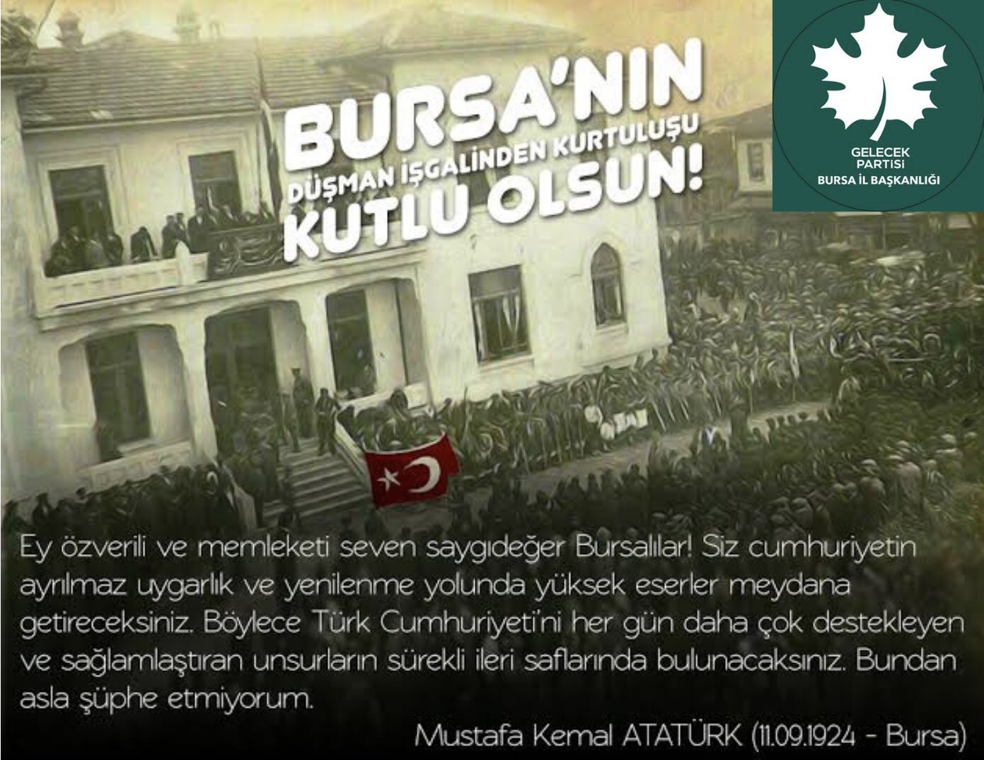 Bursa, sahip olduğu doğal güzellikler ve mükemmellik ile rahat ve şenlikli bir memlekettir.”( Mustafa Kemal Atatürk) 11 Eylül Bursa’nın kurtuluşu kutlu olsun