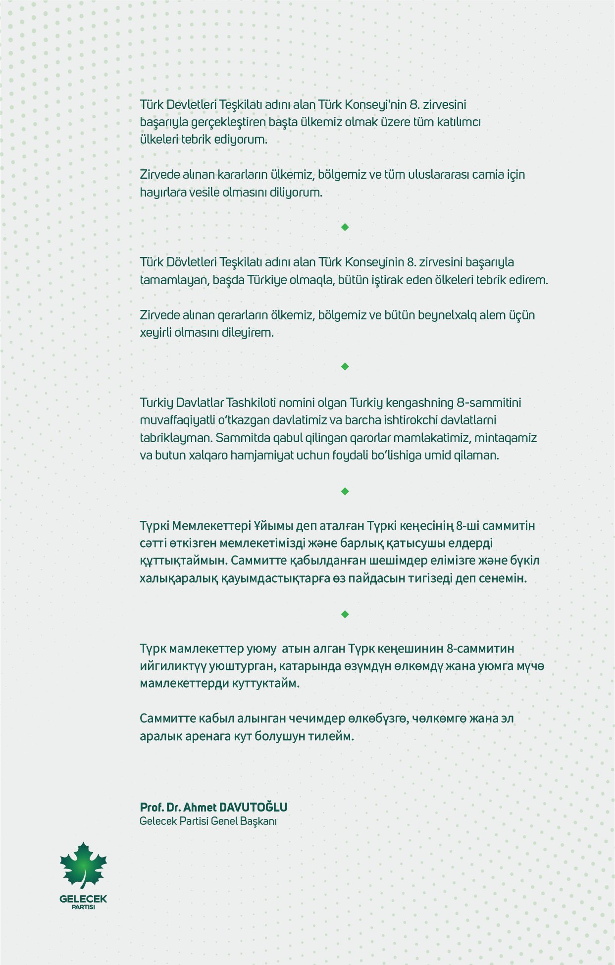  Genel Başkanımız Ahmet Davutoğlu'ndan Türk Konseyi'nin 8. zirvesine Tebrik