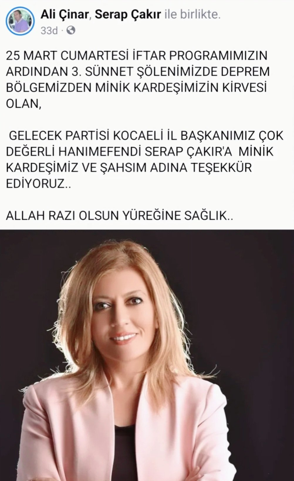 Körfez ilçemizde gazeteci Ali Çınar'ın düzenlediği iftar ve sünnet şöleninde İl Başkanımız Serap Çakır depremzede kardeşimizin kirvesi oldu.