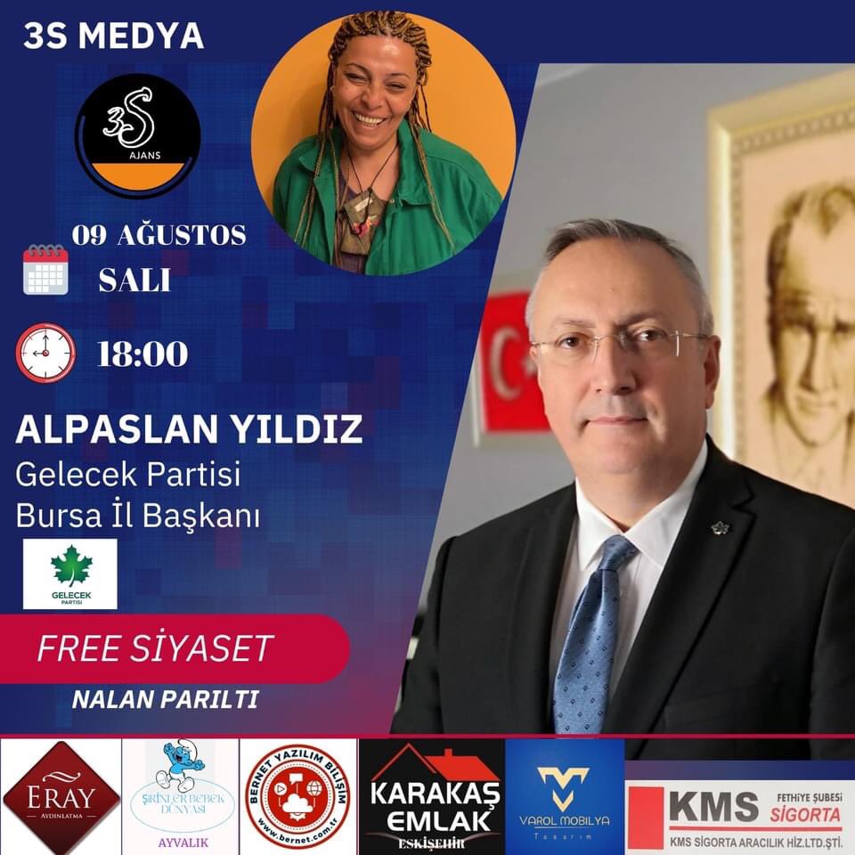 Sayın İl başkanımız Alpaslan Yıldız Yarın saat 18.00'da 3S Medyada Nalan Parıltının sunduğu Serbest Siyaset programına konuk olacaktır.