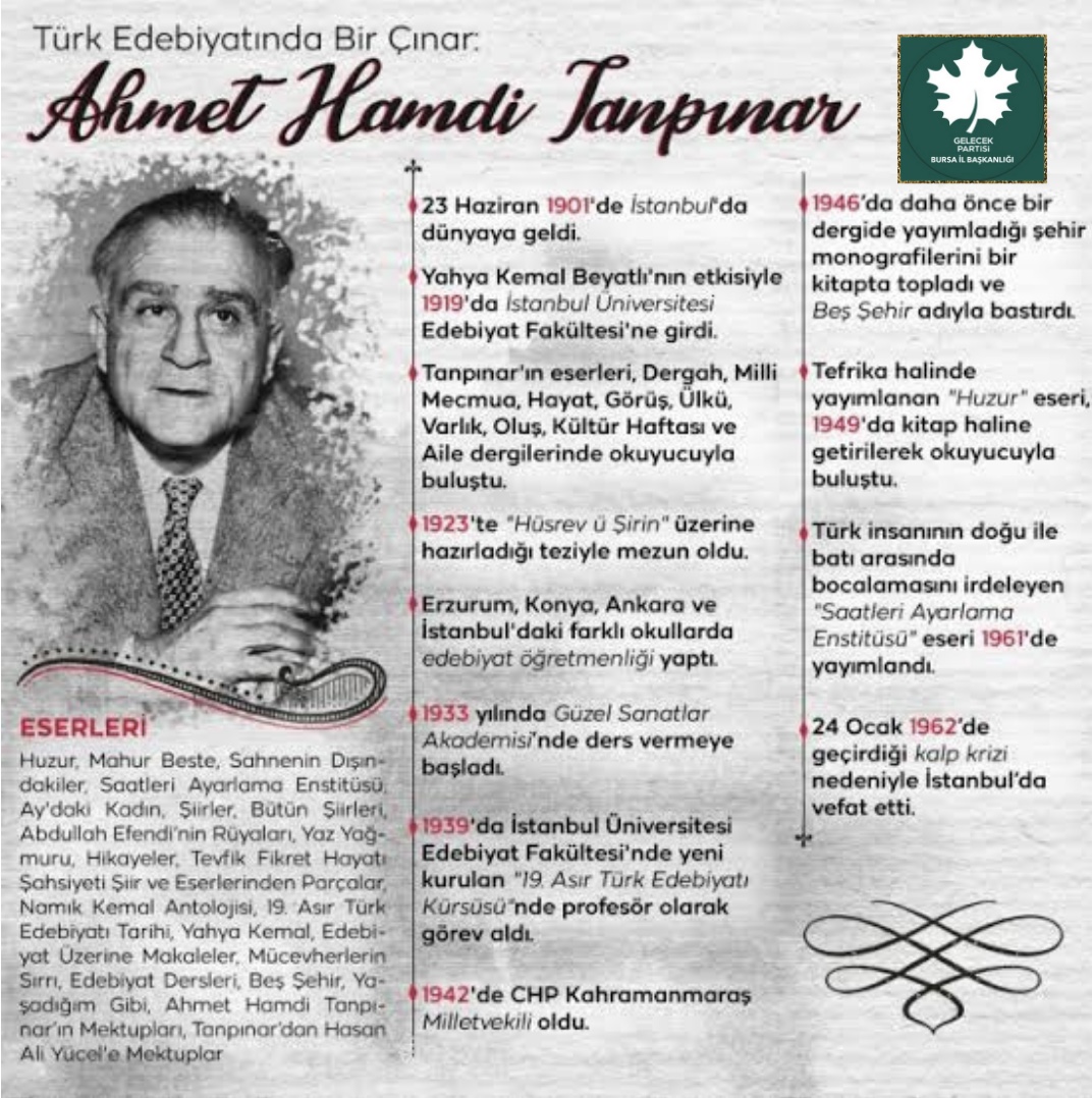 Türk Edebiyatının önemli isimlerinden Ahmet Hamdi Tanpınarı vefatının yıldönümünde rahmet ve minnetle yad ediyoruz.